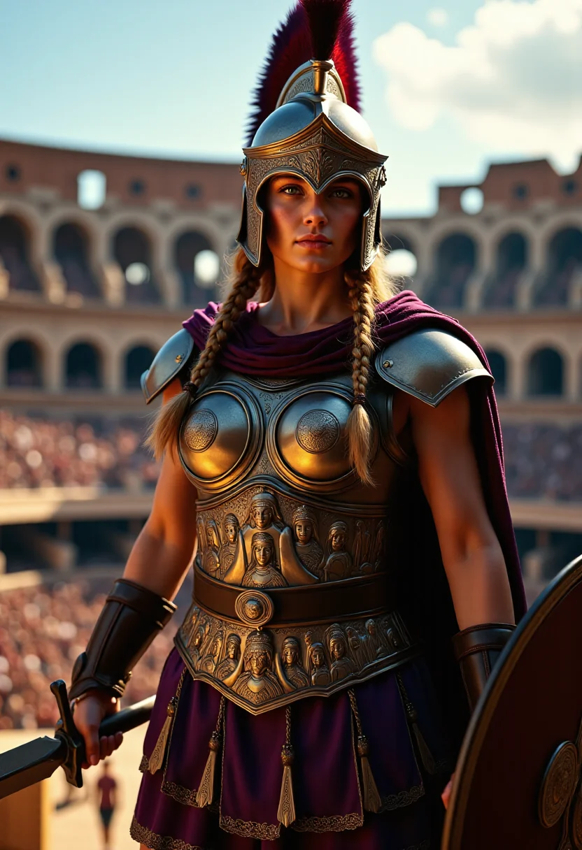In the heart of a grand colosseum, a female gladiator stands ready for battle, her presence commanding attention. She wears partial plate and leather armor, a strategic combination of protection and agility. Her breastplate, crafted from polished steel, intricate engravings of ancient warriors, while the leather guards her limbs, providing flexibility. Wearing a helmet adorned with a sweeping plume, braided hair coming out from under the helmet. In her hands, she wields a gladius, and a shield. Her armor's colors, a mix of deep purples and golds, reflect the gladiator's house she represents. This warrior, with her skilled gaze and formidable weaponry, embodies the essence of strength and strategy, leaving spectators enthralled by her every move. <lora:flux/flux_realism_lora:1.0>, <lora:flux/Beauty_under_the_rays_of_light:1.0>, <lora:peeps/Pretty__Emotional_Faces_FLUX:1.0>, pretty, emotional, face, <lora:artist/style_of_Anato_Finnstark_FLUX_334:1.0>, style of Anato Finnstark, anato_finnstark,