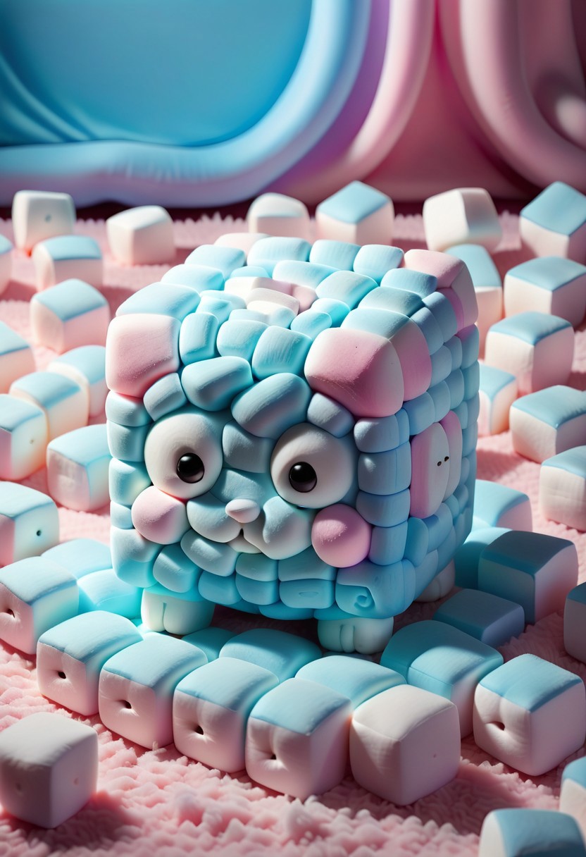 light blue cute little kawaii cube creature made out of Jed-mrshmlw sleeping on a fuzzy pink carpet