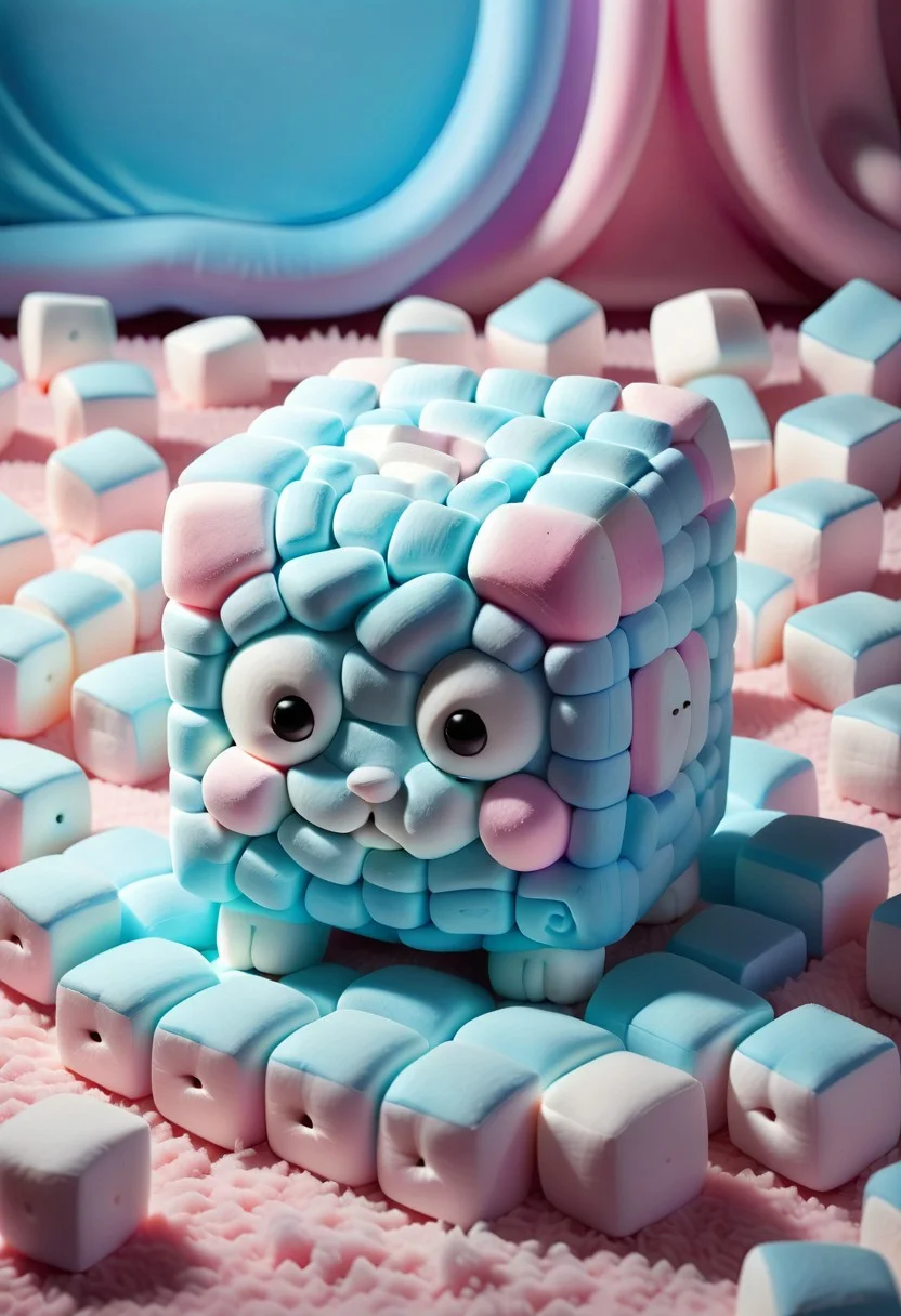 light blue cute little kawaii cube creature made out of Jed-mrshmlw sleeping on a fuzzy pink carpet