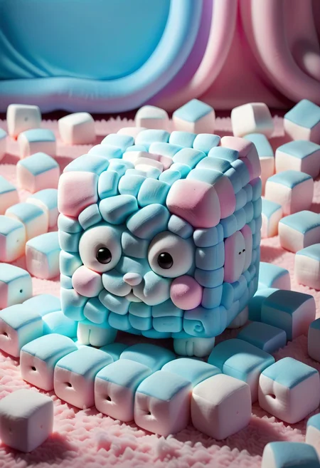 light blue cute little kawaii cube creature made out of Jed-mrshmlw sleeping on a fuzzy pink carpet