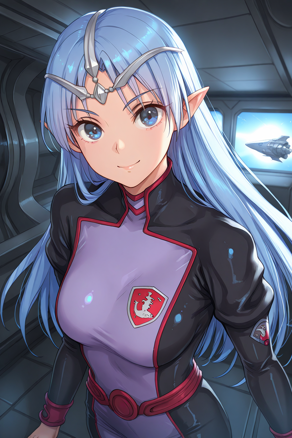 1girl, ALHairstyle, ALOutfit,
general, solo, perspective, dynamic angle, upper body, 
blue hair, blue eyes, eyelashes, pointy ears,
shiny skin,
circlet, high collar, bodysuit, emblem,
looking at viewer, smile,
spacecraft, indoors,
depth of field,
<lora:kp_LafielSeikaiIllustrious_v1_0:1.0>
masterpiece, best quality, amazing quality