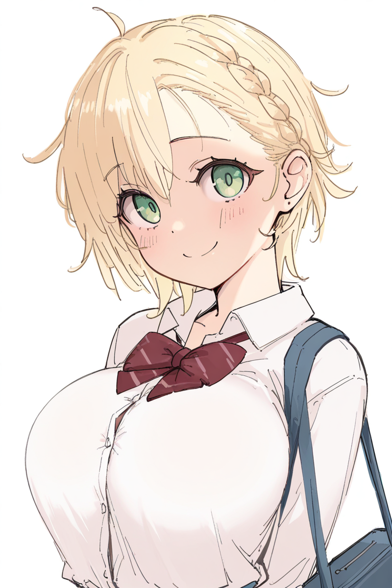 masterpiece, best quality, amazing quality,
<lora:Ukita_IL:1> ukitamilk, 1girl, blonde hair, solo, smile, white background, braid, bag, shirt, bow, looking at viewer, simple background, school uniform, white shirt, green eyes, upper body, breasts, ukioc