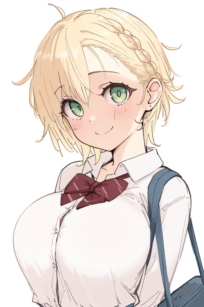 masterpiece, best quality, amazing quality,
<lora:Ukita_IL:1> ukitamilk, 1girl, blonde hair, solo, smile, white background, braid, bag, shirt, bow, looking at viewer, simple background, school uniform, white shirt, green eyes, upper body, breasts, ukioc