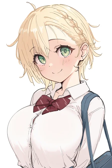 masterpiece, best quality, amazing quality,
<lora:Ukita_IL:1> ukitamilk, 1girl, blonde hair, solo, smile, white background, braid, bag, shirt, bow, looking at viewer, simple background, school uniform, white shirt, green eyes, upper body, breasts, ukioc