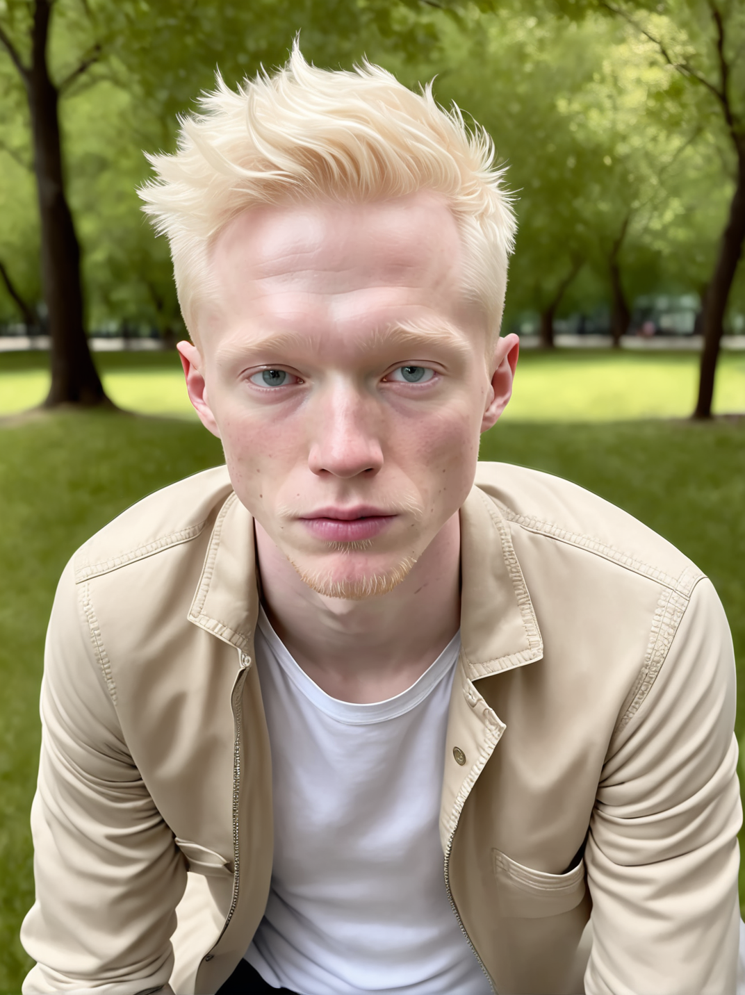 professional photograph, high resolution, 30yo drewsynthxl, portrait, solo, realistic, expressionless, albino,
face focus, from above,
in the park, overcast