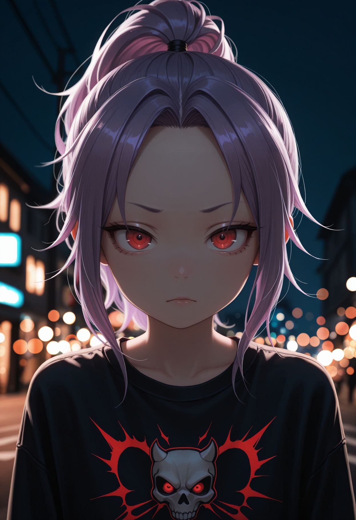 masterpiece,best quality,absurdres,highres,very aesthetic,high quality,detailed,insanely detailed,beautiful,perfect lighting, ,depth of field,blurry background,bokeh, looking at viewer, 
 <lora:Sazanka Illu:1> 1girl, purple hair, parted bangs, ponytail, red eyes, forehead, 
outdoor, street,, night, punk expression,