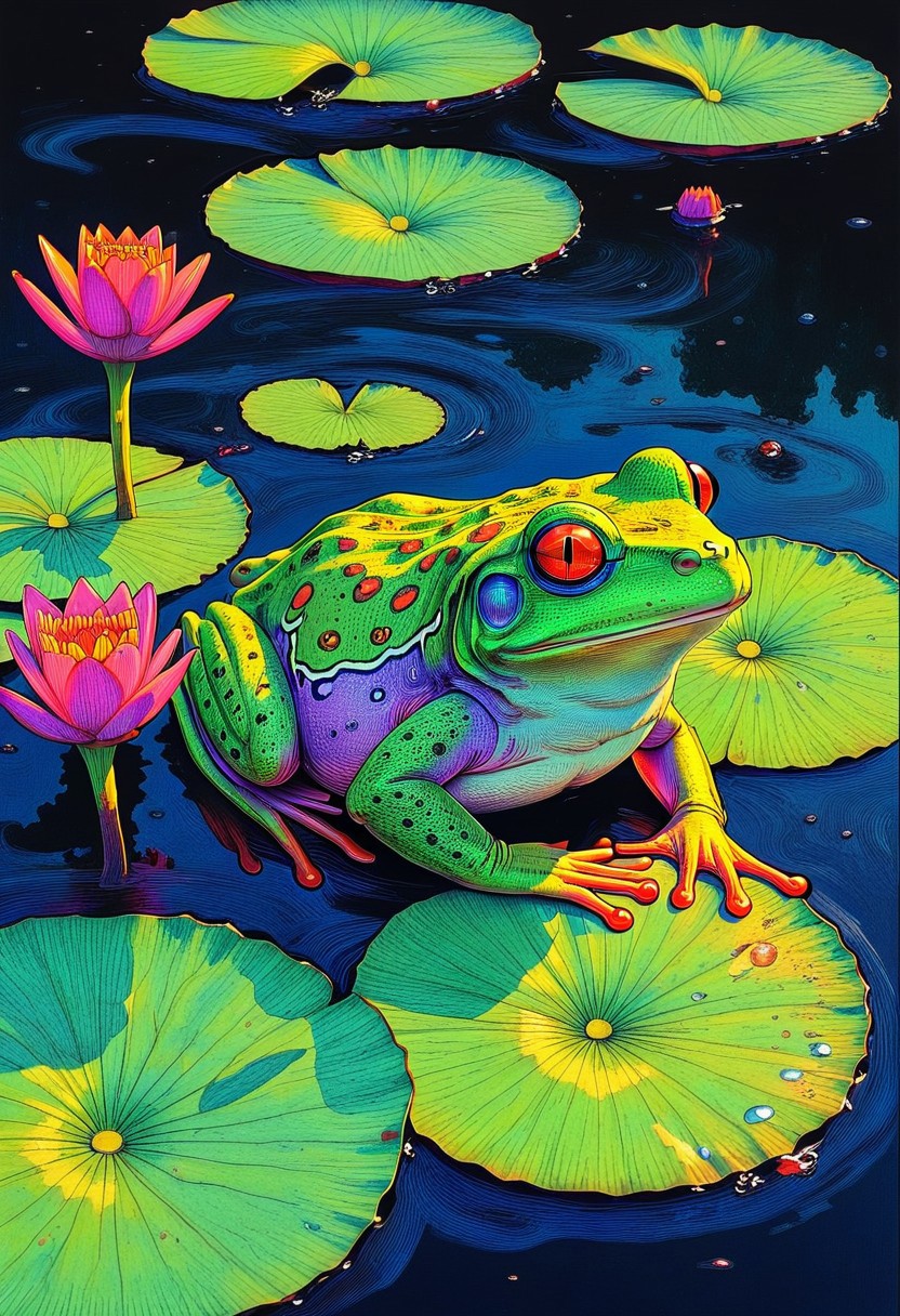 acidillust, a multicoloured frog sat on a lily pad, floating on a lake