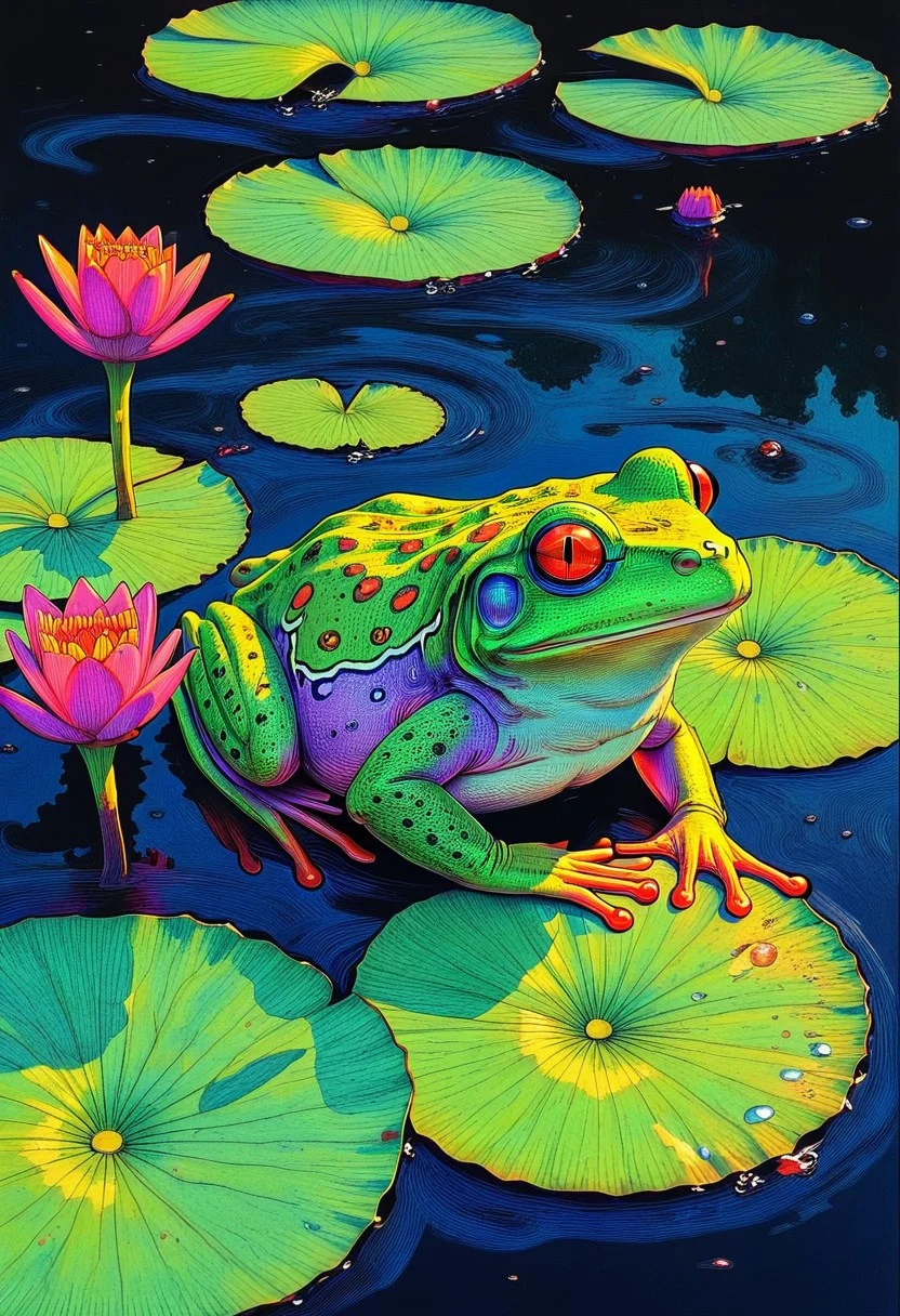 acidillust, a multicoloured frog sat on a lily pad, floating on a lake