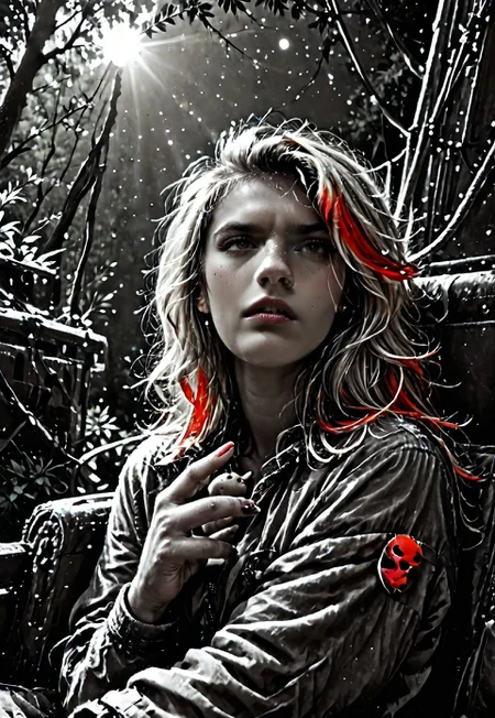 score_9, score_8_up, score_7_up, Realistic, cinematic shot, selective color, monochrome background, 4k, Gadget, side view,
1girl, solo, 
(((Girl in an alien forest tasting a weird fruit, correct hand anatomy, feminine hands, disgusted, revulsed, sitting Indian, dramatic angle, side view, profile, full body shot, focus on fruit))), 

Fruit in hand, bitten fruit, 

blonde, grayscale with red highlights, 18yo, perfect face, stunning, breathtaking face, detailed face, perfect teeth, expressive eyes, extremely cute, medium boobs, round stomach, easynegative, ALRGFC, alluring face, sexy, hetero, flushed, red top of cheek,

Pear-shaped figure, short female, stocky, perfect round butt, wide hips, narrow waist, strong legs, thick thighs, long legs, short torso, narrow shoulders, 

Work clothes, space mechanic outfit, thick cargo pants, midriff, 

Detailed background, alien jungle, alien flowers, alien fauna, lianas, impossible trees, two moons, outdoors, impossible tropical fruit,

pdcUitCU5_, highres, absurdres, in focus, sharp focus, negative_hand,

Stable_Yogis_PDXL_Positives, CyberRealisticPony_POSV1, 
