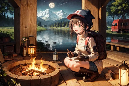 masterpiece, best quality, ultra-detailed, illustration, 1girl, solo, outdoors, camping, night, mountains, nature, stars, moon, bonfire, tent, twin ponytails, green eyes, cheerful, happy, backpack, sleeping bag, camping stove, water bottle, mountain boots, gloves, sweater, hat, flashlight, forest, rocks, river, wood, smoke, shadows, contrast, clear sky, constellations, Milky Way, peaceful, serene, quiet, tranquil, remote, secluded, adventurous, exploration, escape, independence, survival, resourcefulness, challenge, perseverance, stamina, endurance, observation, intuition, adaptability, creativity, imagination, artistry, inspiration, beauty, awe, wonder, gratitude, appreciation, relaxation, enjoyment, rejuvenation, mindfulness, awareness, connection, harmony, balance, texture, detail, realism, depth, perspective, composition, color, light, shadow, reflection, refraction, tone, contrast, foreground, middle ground, background, naturalistic, figurative, representational, impressionistic, expressionistic, abstract, innovative, experimental, unique