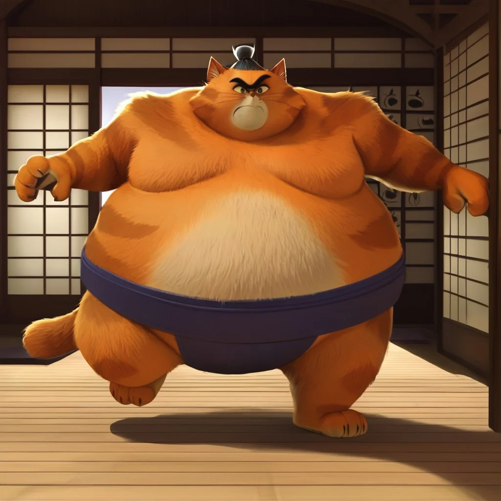 (detailed face, detailed background, perfect eyes, perfect anatomy, masterpiece, best quality), Sumo, cat, fat, whiskers, cat ears, dark blue sumo belt, furry, blue eyes, thick eyebrows, sharp teeth, colored sclera, pale yellow sclera, tiny pink nose, stubby tail, crop of black hair braided into a small bun, black unibrow, indoors, sliding door, Japanese village, sumo, cat, feline, male, orange fur, white fur, striped fur, brown stripes, hair bun, hair, ears, whiskers, brown nose, mawashi, small tail, tail, paws, overweight, obese, anthro, solo, solo focus, full-length portrait, fur, detailed fur, body fur,