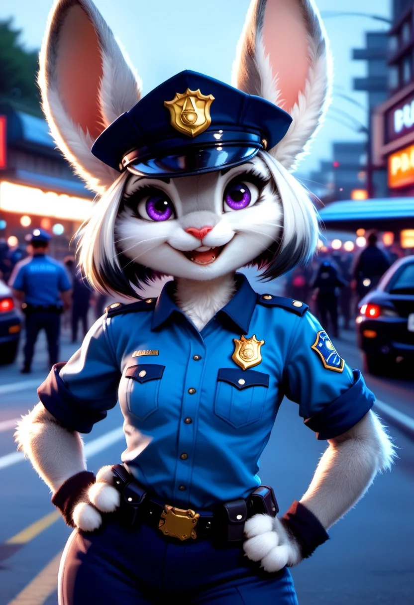 (((score_9, epic-Ultra-HD-details, epic-Ultra-HD-highlights, photo-same-realistic upscaled-resolution, source_photo, analog photo, ultra-realism, physically-realistic, lit, furry-characteristics))) 50mm lens, aperture opening of f/4.0, (cinematic light, vivid colors like HDR+, sharp focus),
FMW1, kftenhance, 1girl, upper body, fluffy, detailed fur, body fur, realistic fur, 4 finger paws,
gray rabbit, very short hair, purple eyes, pink nose, white chest, shortstack, slim, small breasts, rabbit tail, smiling, open mouth, looking at viewer, police uniform, police cap, hand on hips,
street, broadway, advertisements, crowd, cars, evening,
intricate details, caustic background, studio lighting
