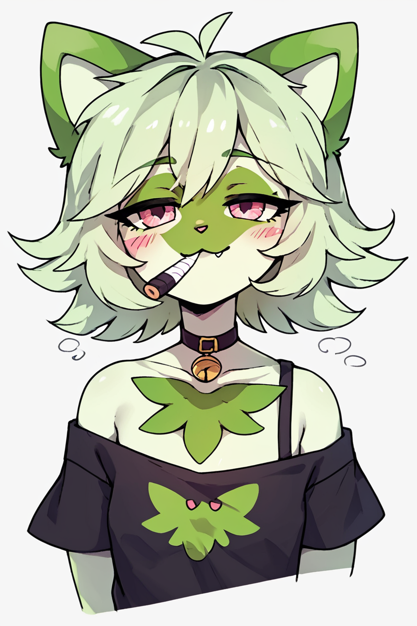 score_9, score_8_up, score_8, BREAK,  zzWdcat, 1girl, looking at viewer, blush, short hair, simple background, shirt, white background, animal ears, bare shoulders, upper body, short sleeves, green hair, artist name, cat ears, off shoulder, black shirt, :3, blush stickers, half-closed eyes, cat girl, furry, cropped torso, furry female, <lora:Wdcat_PDXL:1.0>,   BREAK, smile, looking at viewer, cowboy shot,    embedding:zPDXL, Expressiveh,  <lora:CatalystStylePDXL:0.6>,  <lora:SDXLFaeTastic2400:0.5>,  <lora:Expressive_H-000001:0.4>,