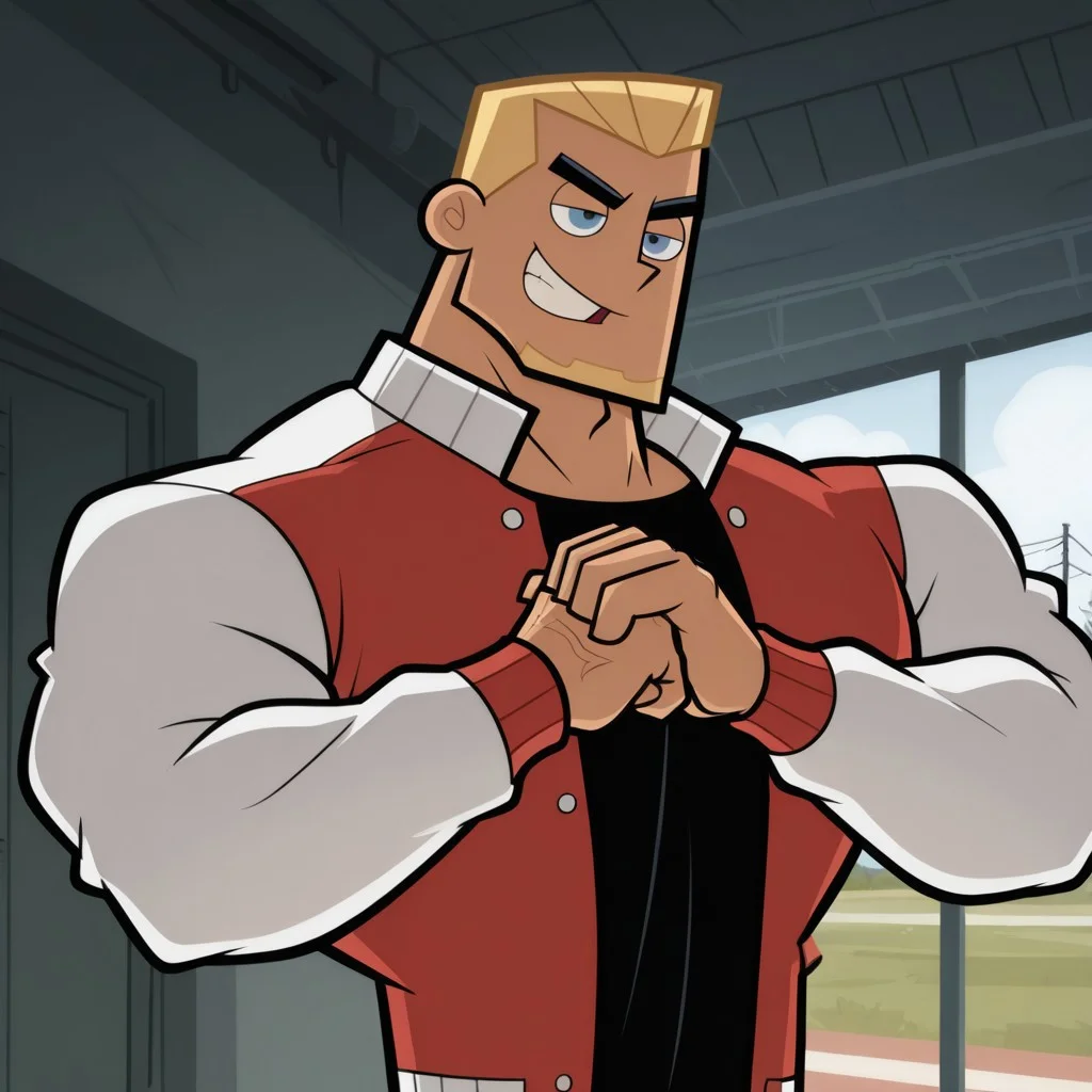 masterpiece, best quality, amazing quality, cinematic, 1boy, Dash, blue eyes, blonde hair, short angular hair, red and white letterman jacket, black undershirt, cracking knuckles, confident expression, big muscles, cartoon style