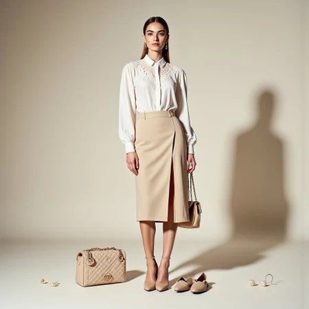 A confident model stands in a studio with soft, directional lighting, wearing a fitted white cotton blouse with puffed sleeves and a detachable lace-trimmed collar, tucked into a high-waisted beige pencil skirt with an asymmetrical slit. She pairs the outfit with beige ankle-strap pumps and a quilted chain bag. Her hair is in a sleek ponytail, and she wears statement pearl earrings. Next to her, the entire outfit is displayed separately, carefully arranged:
White cotton blouse with puffed sleeves and detachable lace-trimmed collar.
High-waisted beige pencil skirt with an asymmetrical slit, draped elegantly.
Beige ankle-strap pumps, placed neatly.
Quilted chain bag, displayed beside the outfit.
Statement pearl earrings, arranged separately.
Luxurious studio lighting emphasizes textures and craftsmanship, creating a high-fashion editorial effect.