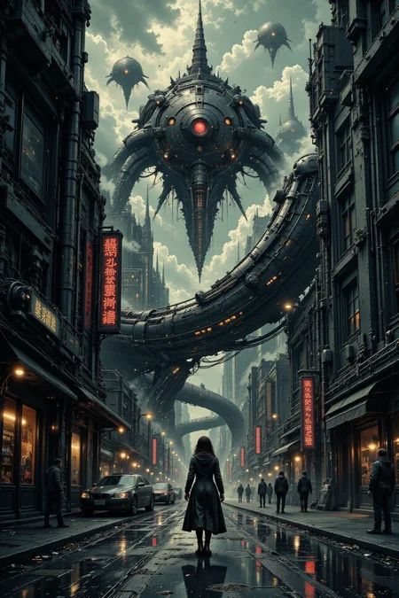 city, street, beautiful misterious futuristic sci-fi cyberpunk landscape, rainy day, woman, very intricate, very detailed, sharp, colorful, <lora:Hand v2:1> <lora:Anti-Blur:1> <lora:Insane Detail Slider:0.5>  <lora:Flux.1_Turbo_Detailer:0.6> <lora:flux.1_lora_flyway_Epic-detail_v2:0.6> <lora:flux-charmer-v1-1:0.4><lora:Vibrantly_Sharp_style_v.5:0.4> <lora:The_Dark_Side_Of_The_Future:0.8> <lora:Neurocore Anime Cyberpunk v2.0:0.7> A digital artwork in the style of cknc