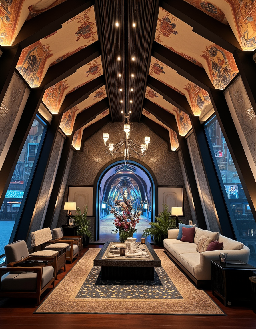 <lora:Home_R01fluxb:1> homer01, photo of a living room, luxurious design, Futuristic sci-fi lounge, diagonal beams, Futuristic cyberpunk cityscape, urban station, geometric patterns, intricate frescoes, metallic structure,