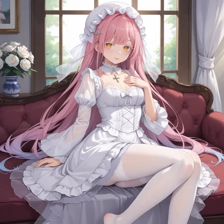 1girl,solo,
(score_9,score_8_up,score_7_up, source_anime,rating_all),
BREAK
(from back:1.1),
wariza, w_sitting,
ass, legs, feet,
hand on own chest,
blush, light smile,
<lora:hyxkaoru-final-psplive-pony6-flyingdeer-e26p-r2:0.7>,
very long hair,bangs,
(pink hair, (blue hair:0.55), gradient hair, multicolored hair),
hair ornament,
yellow eyes,cross-shaped pupils,
((white eyelashes:1.05), (white eyelash:1.05)),
(necklace, jewelry, (purple gem:0.15)),
((gothic fashion:0.1), (gothic gothic:0.1)),
HYXKaoruWhite,
(white headwear, see-through headwear),
(see-through dress, frills, lace trim),
(detached collar, white choker, lace choker),
(long dress, white dress, long sleeves, wide sleeves),
white ribbon,
(pantyhose, white pantyhose, (white stockings:0.55)),
BREAK
(light),(sunlight),