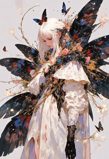 A highly stylized digitally drawn hyper-realistic abstract collage artwork inspired by high-fashion photography, featuring a 1girl portrait. The subject has fair skin and short, platinum blonde hair styled in a sleek, asymmetrical bob. Intricate black butterfly wings and floral arrangements delicately rest on her head and shoulders, creating a surreal, ethereal look. Her face is adorned with dark, winged eyeliner, red lipstick, and a subtle natural blush, accentuating her striking beauty. Her expression is contemplative, with her gaze slightly downward. She wears a white, voluminous dress made from soft, textured fabric that flows gracefully around her, with ruffled details adding a luxurious, dramatic feel. Her left hand is adorned with a black lace glove, contributing gothic elegance to her ensemble. The soft light gray background provides a neutral, clean canvas that emphasizes her attire and accessories. Surreal elements surround her, including fragmented butterfly wings floating nearby, glowing floral motifs intertwining with her dress, transparent lace patterns radiating from her gloves, and soft, glowing orbs floating around her. A mirrored reflection distorts her dress, while gentle light ripples cascade down the fabric. Abstract smoke-like tendrils drift from the edges, blending fantasy, elegance, and gothic allure into a visually striking, avant-garde composition.