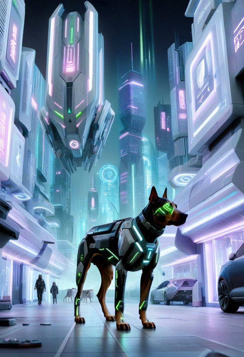 Masterpiece, High Details, High Quality, animal Cyborg, dog, futuristic, futuristic buildings, night, cyberpunk aesthetics
