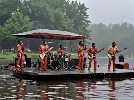 the band "earth wind and fire" playing outdoors on a stage floating on a lake in the pouring rain <lora:add-detail-xl:1>