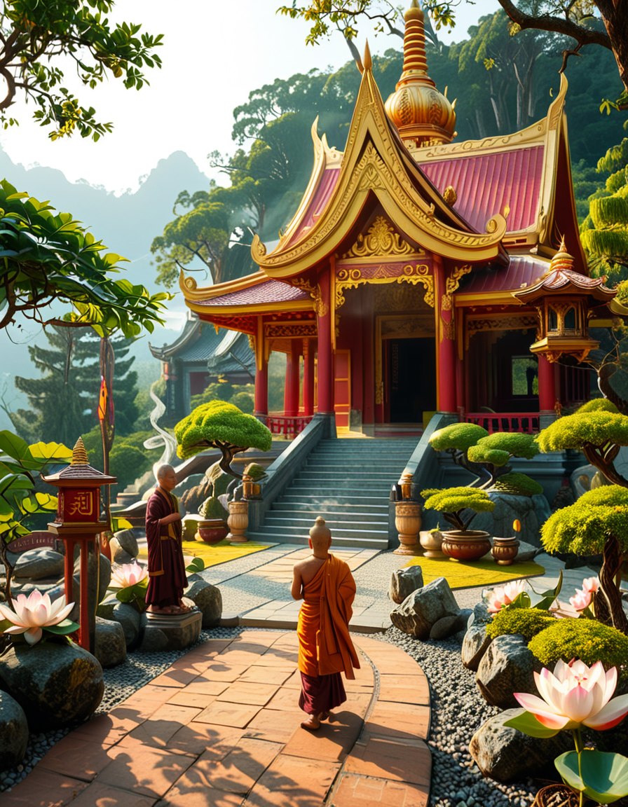 A majestic Buddhist temple nestled in a lush, misty mountain landscape. The temple features traditional curved rooftops with golden ornaments, intricate wooden carvings, and red and gold-painted walls. Large prayer flags in vibrant colors flutter in the wind, adding a spiritual atmosphere. A long stone staircase, partially covered in moss, leads to the main entrance, where a pair of large guardian statues stand watch. The scene is bathed in soft morning light, with gentle rays filtering through the mist, creating a serene and mystical ambiance. The background consists of towering green mountains and a sky with soft pastel hues. In the foreground, a Buddhist monk in deep orange robes walks peacefully along a stone pathway, holding a string of prayer beads. The overall composition conveys a sense of tranquility, spirituality, and harmony with nature.
<lora:SDXLFaeTastic2400:0.4> <lora:extremely_detailed:0.4> extremely detailed,<lora:Buddhist_t3mpl3:1>,Buddhist t3mpl3, Masterpiece,best quality,hi res,8k,hi res,8k,award winning,(sharp focus, intricate, highly detailed),