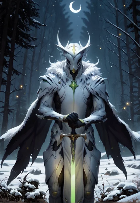 score_9, score_8_up, score_7_up, mythp0rt, both-hand-hilt, planted sword, hands on hilt, holding sword, glowing sword, Winter, snow, forest, ambient firefly, night, moonlight, backlighting, depth of field, detailed background, oberonwf, white body, yellow highlights, eyeless, mouthless, white cape, fur cape, floating cape, wind, cowboy shot, front view, crescent moon,