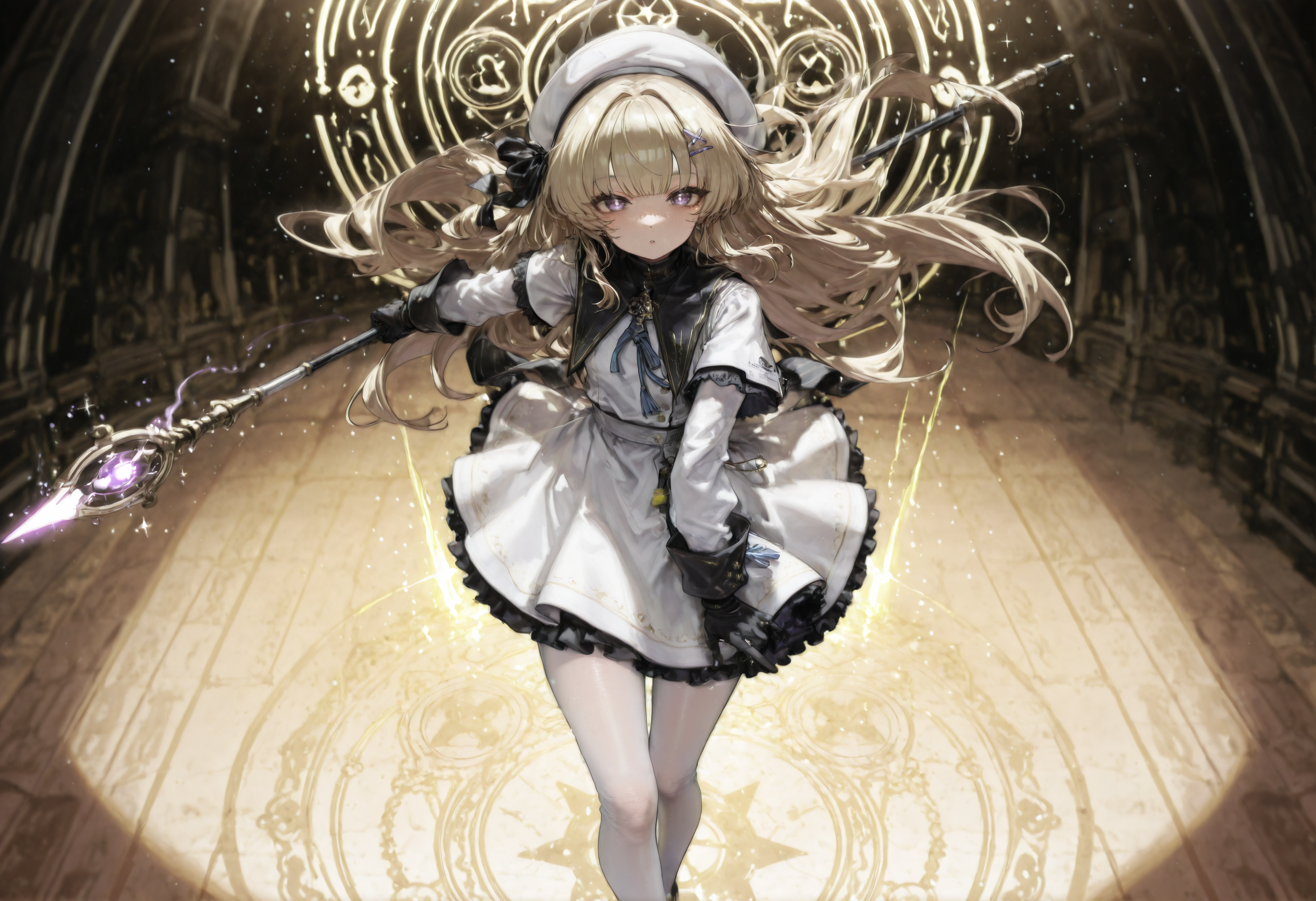 (nyalia:0.8), Yoneyama Mai, (asanagi:0.25), (omone hokoma agm:0.2),Phoebe \(Wuthering Waves\), 1girl, solo, very long hair, blonde hair, long hair, X-shaped hairpin, purple eyes, black gloves, white hat, white dress, jewelry, white pantyhose, see-through pantyhose, standing, action pose, dynamic pose, holding staff, staff raised, pointing staff, pointing upward, looking at viewer, hair blowing, windblown hair, front view, sealing wand, clow card, card (object), floating object, magic, magic circle, magical energy, light particles, sparkles, glowing, glowing staff, glowing card, energy trail, light trail, wind, aura, golden light,,masterpiece, best quality, newest, absurdres, highres, very awa, detail pupil, detail background <lora:None:1.0> <lora:ç»¯è²äº¤åæ²feel-Artist_Style_Banpai_Akiraæ©æ¯ããã:0.5000000000000001> <lora:canvassolaris_style_LoRA_for-Illustrious:0.8000000000000002> <lora:æ¶å-ebonyxh_style_LoRA_for-Illustrious:0.30000000000000004> <lora:æ¬åºé·å¤ª-Honjou_Raita_Style-IllustriousXL:0.4000000000000001> <lora:éææ³°(åçµé£æ ¼lycoris)-Blade_&_Soul_Style-Illustrious:0.4000000000000001> <lora:ä»äººæ-Artist_Style_Saboten_Man__WorldSaboten__ãµããã³ãã³:0.5500000000000002> <lora:Wuthering_Waves_Phoebeä¸¨é¸£æ½®_è²æ¯-Illustrious:0.8000000000000002>