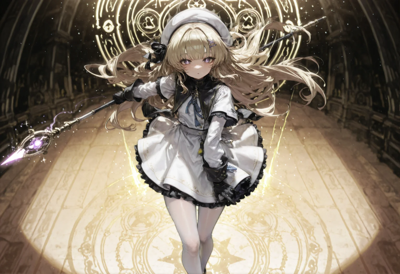 (nyalia:0.8), Yoneyama Mai, (asanagi:0.25), (omone hokoma agm:0.2),Phoebe \(Wuthering Waves\), 1girl, solo, very long hair, blonde hair, long hair, X-shaped hairpin, purple eyes, black gloves, white hat, white dress, jewelry, white pantyhose, see-through pantyhose, standing, action pose, dynamic pose, holding staff, staff raised, pointing staff, pointing upward, looking at viewer, hair blowing, windblown hair, front view, sealing wand, clow card, card (object), floating object, magic, magic circle, magical energy, light particles, sparkles, glowing, glowing staff, glowing card, energy trail, light trail, wind, aura, golden light,,masterpiece, best quality, newest, absurdres, highres, very awa, detail pupil, detail background <lora:None:1.0> <lora:绯è²äº¤åæ²feel-Artist_Style_Banpai_Akiraæ©æ¯ããã:0.5000000000000001> <lora:canvassolaris_style_LoRA_for-Illustrious:0.8000000000000002> <lora:æ¶å-ebonyxh_style_LoRA_for-Illustrious:0.30000000000000004> <lora:æ¬åºé·å¤ª-Honjou_Raita_Style-IllustriousXL:0.4000000000000001> <lora:éææ³°(åçµé£æ ¼lycoris)-Blade_&_Soul_Style-Illustrious:0.4000000000000001> <lora:ä»äººæ-Artist_Style_Saboten_Man__WorldSaboten__ãµããã³ãã³:0.5500000000000002> <lora:Wuthering_Waves_Phoebe丨鸣潮_è²æ¯-Illustrious:0.8000000000000002>