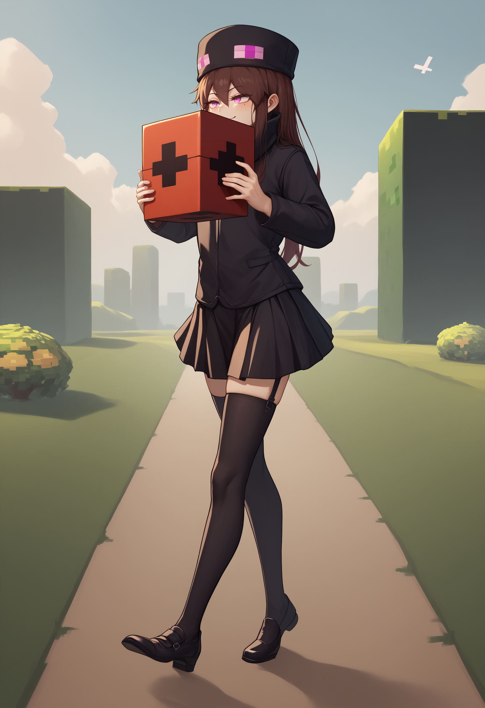 score_9, score_8_up, score_7_up, source_anime, 1girl, Enderman-chan, black jacket, high collar, enderman hat, black skirt, black thighhigh, garter straps, <lora:Enderman_XLPD:1>, holding, block, holding block, smug, walking away, minecraft, outdoors, holding block with both hands, iron block, white block, huge block,