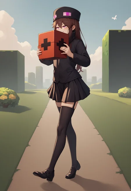 score_9, score_8_up, score_7_up, source_anime, 1girl, Enderman-chan, black jacket, high collar, enderman hat, black skirt, black thighhigh, garter straps, <lora:Enderman_XLPD:1>, holding, block, holding block, smug, walking away, minecraft, outdoors, holding block with both hands, iron block, white block, huge block,