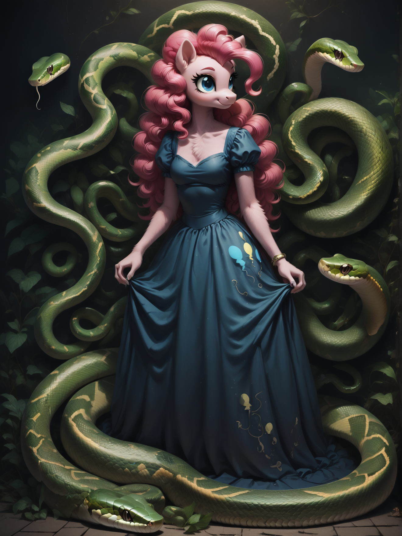 score_9, score_8_up, score_7_up, score_6_up,  1girl, solo, (Pinkie Pie:1.3) \(mlp\), (anthro pony:1.1), tail, dress,
<lora:Serpent_World:1> snake, <lora:Anime Summer Night Style SDXL_LoRA_Pony Diffusion V6 XL:0.5>  <lora:Realistic000003_1_2.5DAnime_0.05_Merge1:0.5>  <lora:MegaFluffyPony:0.5> MegaFluffyPony, furry, fluffy, dark theme, low light,