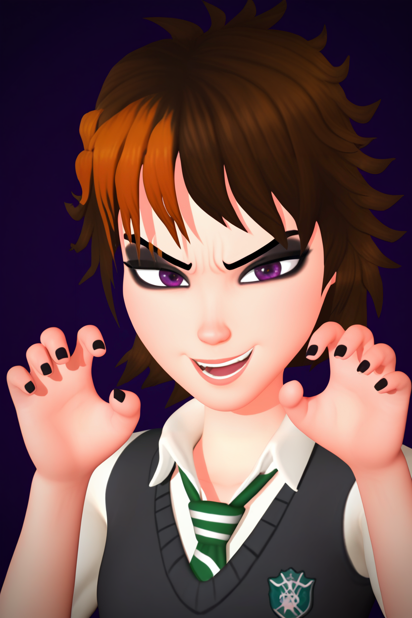 score_9,score_8_up,score_7_up BREAK 3d,  skudd style, merula, 1girl,solo,streaked hair, purple eyes,brown hair, portrait, close-up,dutch angle,hogwarts school uniform, green and white necktie, grey sweater vest, white collared shirt, claw pose, looking at viewer,smile,eyeshadow, open mouth, hands up, black nails,long fingernails, frown, dark purple background, messy hair, sharp fingernails,    <lora:MerulaMavisPony:1>