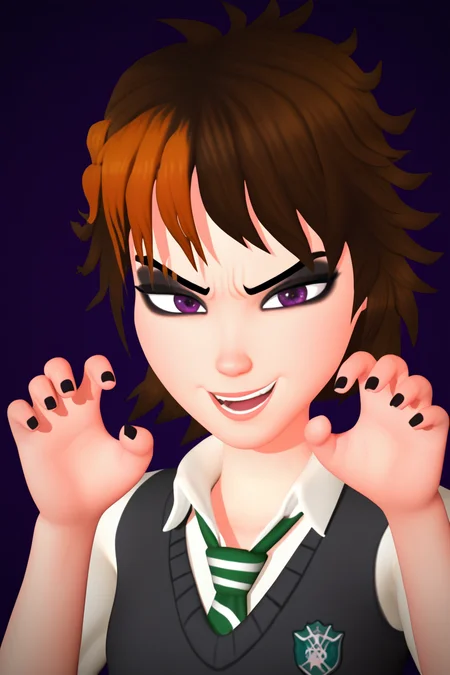 score_9,score_8_up,score_7_up BREAK 3d, skudd style, merula, 1girl,solo,streaked hair, purple eyes,brown hair, portrait, close-up,dutch angle,hogwarts school uniform, green and white necktie, grey sweater vest, white collared shirt, claw pose, looking at viewer,smile,eyeshadow, open mouth, hands up, black nails,long fingernails, frown, dark purple background, messy hair, sharp fingernails, <lora:MerulaMavisPony:1>