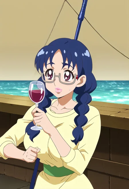 [score_9, score_8_up, score_8, score_7_up, score_6_up, score_5_up, score_4_up, source_anime, in focus + sharp focus, best quality, masterpiece, highly quality, absurdres, intricate detail + accurate details,Expressiveh,gideonscorral,by hataraki ari,lusci0usgals,nipplicious], BREAK, 
1girl, solo + female focus, yui, kawaii, lipstick, BREAK, ocean fighing date, boat on the water + sunset, darkness, wine bottles + fishing rods