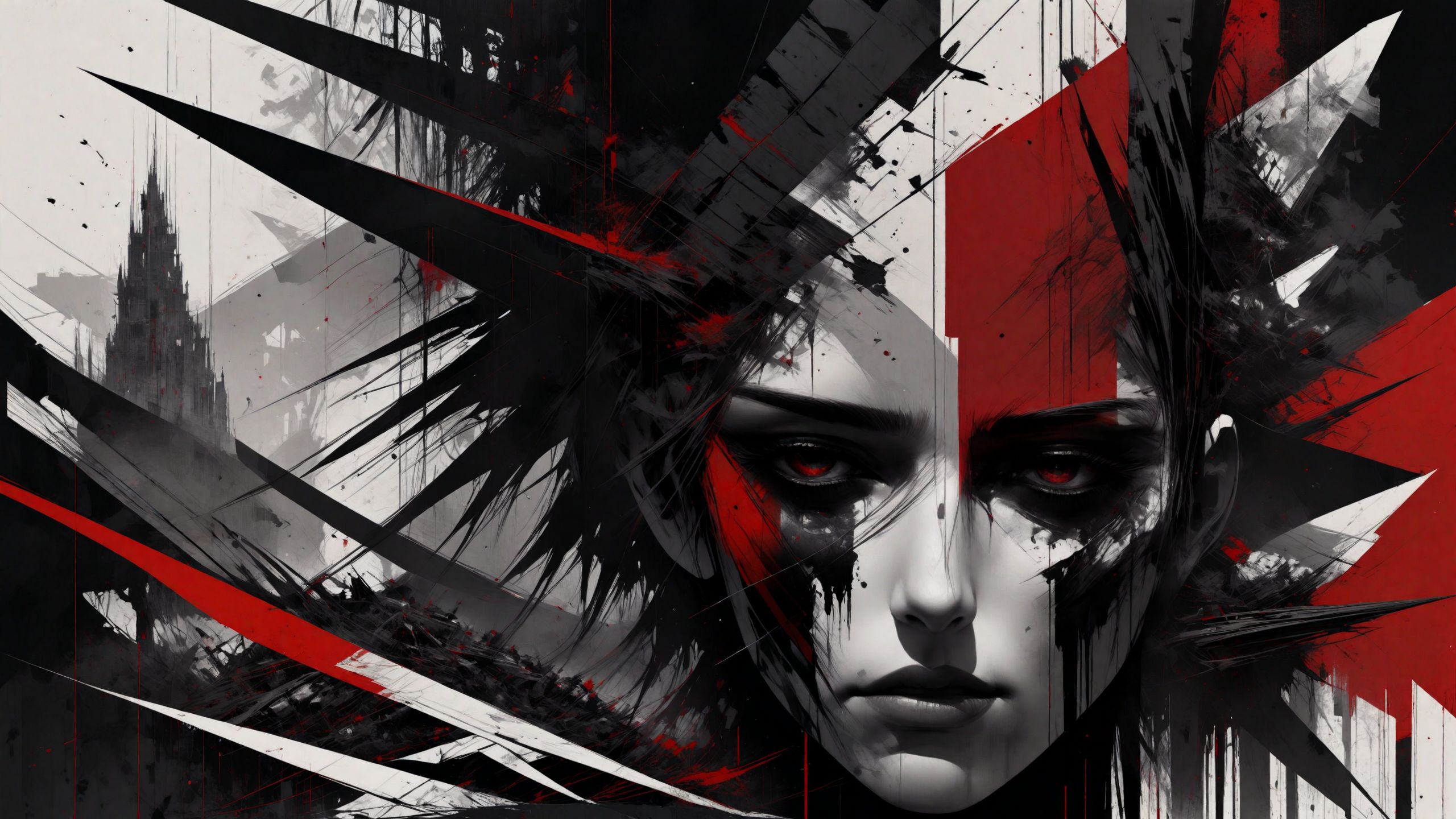 rsmls,zephyr,red and black and white theme,masterpiece,messy,surreal,abstract,high contrast,awardwinning,8k,trending on artstation and deviantart <lora:RussMillsXL:1>,wallpaper,style of russ mills