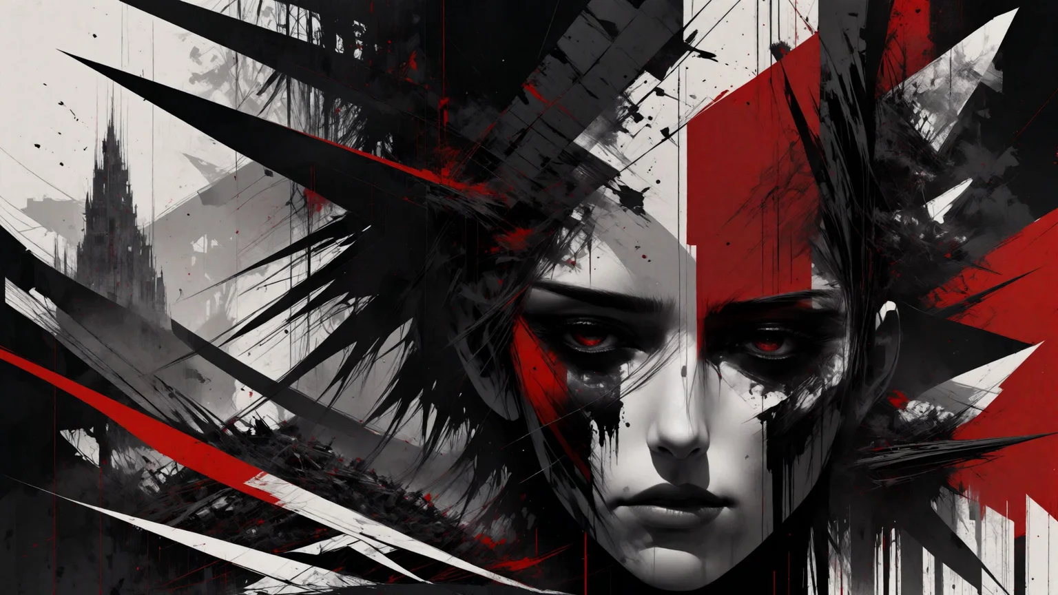 rsmls,zephyr,red and black and white theme,masterpiece,messy,surreal,abstract,high contrast,awardwinning,8k,trending on artstation and deviantart <lora:RussMillsXL:1>,wallpaper,style of russ mills