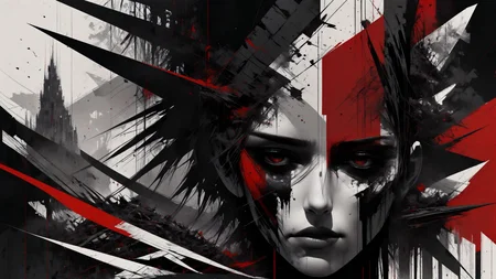 rsmls,zephyr,red and black and white theme,masterpiece,messy,surreal,abstract,high contrast,awardwinning,8k,trending on artstation and deviantart <lora:RussMillsXL:1>,wallpaper,style of russ mills