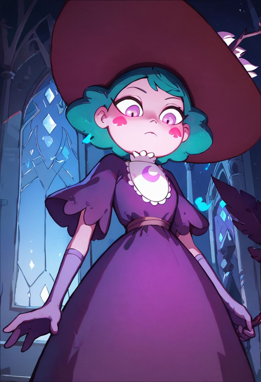 score_9, score_8_up, score_8, Eclipsa Butterfly, green hair, short hair, purple eyes, dark red sun hat with feathers and branch, white cravat, purple dress, light purple gloves, 
upper body, closed mouth, in castle, vivid colors, glowing red spade blush stickers, looking down, from below, night,