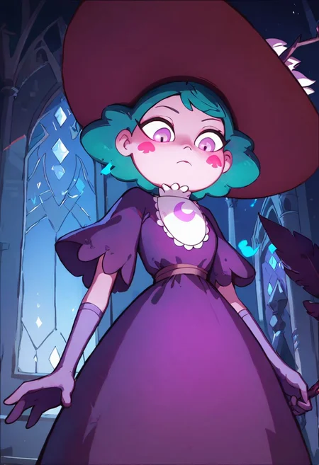 score_9, score_8_up, score_8, Eclipsa Butterfly, green hair, short hair, purple eyes, dark red sun hat with feathers and branch, white cravat, purple dress, light purple gloves,
upper body, closed mouth, in castle, vivid colors, glowing red spade blush stickers, looking down, from below, night,