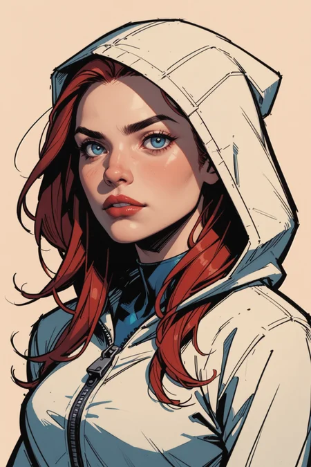 1girl, solo, hood, red hair, looking at viewer, hood up, upper body, zipper, lips, jacket, blue eyes, cable, nose, long hair, a_Comic_Illustration, rough lines with ink, (drawn:1.1), (sketch:1.5), (crosshatching:1.25), (comic style:1.1), graphic novel style, sharp lines, hires, zstyle, (western comics \(style\):1.1), (hatching \(texture\):1.2), zPDXL, Mr_Monster_Possitive, <lora:Expressive_H:0.5>, score_9, score_8_up, score_8_up,