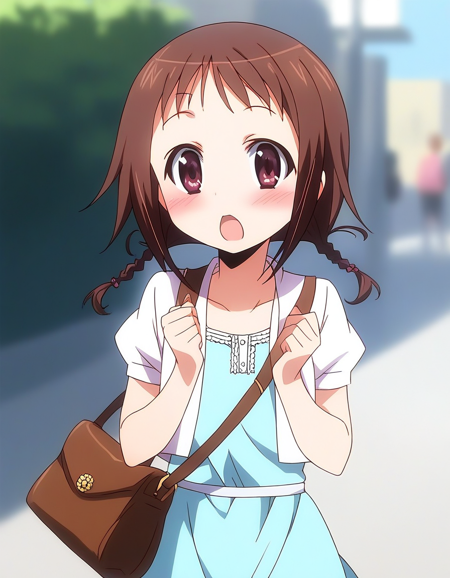 score_9, score_8_up, score_7_up, source_anime, rating_explicit, BREAK  <lora:Wakana_Misato_XL:1> Wakana_Misato, brown hair, short hair, twin braids, purple eyes, brown eyes, 
solo, dress, blush, bag, handbag, open mouth, :o, looking at viewer, casual, blue dress, flower,
day, outdoor,