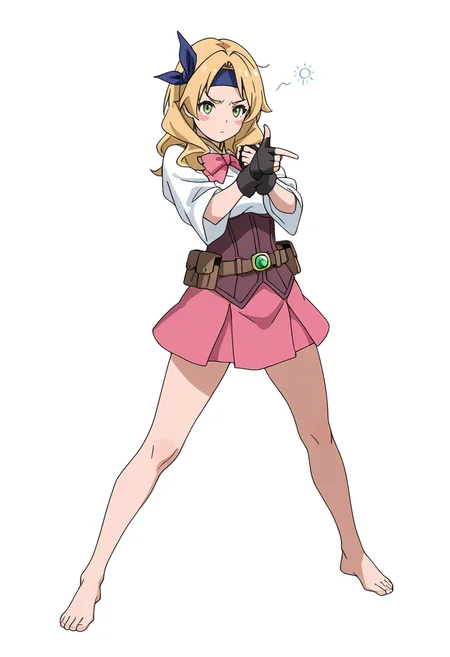 Smooth Quality,masterpiece,very intricate, high quality details, ultra realistic, high detailed skin,detailed enviorement,absurdres,
simple background, white background,solo,
standing pose, arms akimbo, feet slightly apart, determined expression, balanced posture, ,finger gun,sleepy,furrowed brow, <lora:Eren_cnn:0.8> erencnn, 1girl,long hair, blonde hair, green eyes, headband, blush stickers,pink skirt, fingerless gloves,bow,
