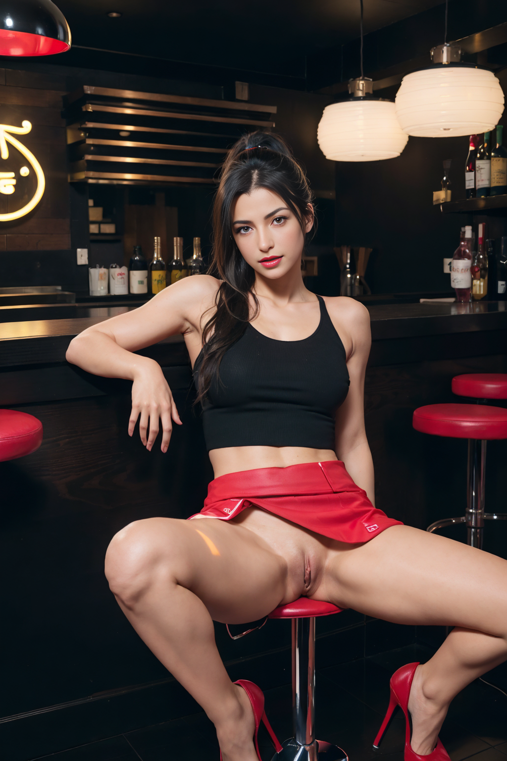 split_legs,  <lora:pptrain_split_legs-v1:0.6>, sharp face,  (((ff7))), 
detailed body, an Italian girl  in a room with a bar and stools with neon lights on the walls,  high heels,  short skirt,  black stockings, makeup, ponytail,  pink lips, sitting,((looking_at_viewer)), small breasts, detailed pussy, wet pussy, ((pee)),pleasured expression, (ultra high res,photorealistic,realistic,best quality,photo-realistic),mix4, (8k, RAW photo, best quality, masterpiece:1.2), (realistic, photo-realistic:1.37), ((1girl)), cute, professional lighting, physically-based rendering, full body,