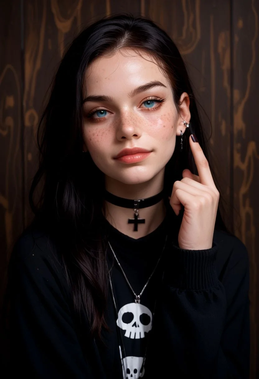 score_9, score_8_up, score_7_up. (gothic style one girl, handsome 23 year old gothic girl, black shiny vinyl tights, black platform gothic sneaker, looking at viewer <lora:glowneon_xl_v1:1>, (1girl) standing and smiling and giving two thumbs up, pouting , sleepy eyes, wearing a cozy fuzzy black oversized sweater, dark, mysterious, haunting, super cute girl, smiling, cowboy shot, focus on face ,looking at viewer extreme dramatic, ornate, gothic themed image , extreme detailed image, digital painting, masterpiece, g0thicPXL, glowing, neon, toon, long slender body, freckles, black lipstick (((shirt print shows a gothic smiley and the text <censored>)), long legs, extreme ultra detailed perfect eyes, blue eyes, freckles, round face, big eyes, long black hair, black cross tape on mouth , cool pose, (((double thumb-up))) black lipstick, skimpy gen z dress, vinyl pants, big gothic windows, night , every haunting foggy misty night, full moon,, looking neat, brow up , choker with x sign pendant, expressive "so what" pose, pouting , ((very pale skin, many freckles in face))