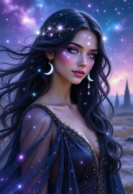 pinkhidreamfantasy A mystical woman with flowing midnight-black hair laced with silver strands, resembling the Milky Way. Her violet eyes are framed by long dark lashes, and she wears a sheer, starry cloak that glows softly. Crescent moon charms dangle from her ears, and behind her, a vast cosmic landscape of swirling nebulae and ancient temples stretches infinitely.