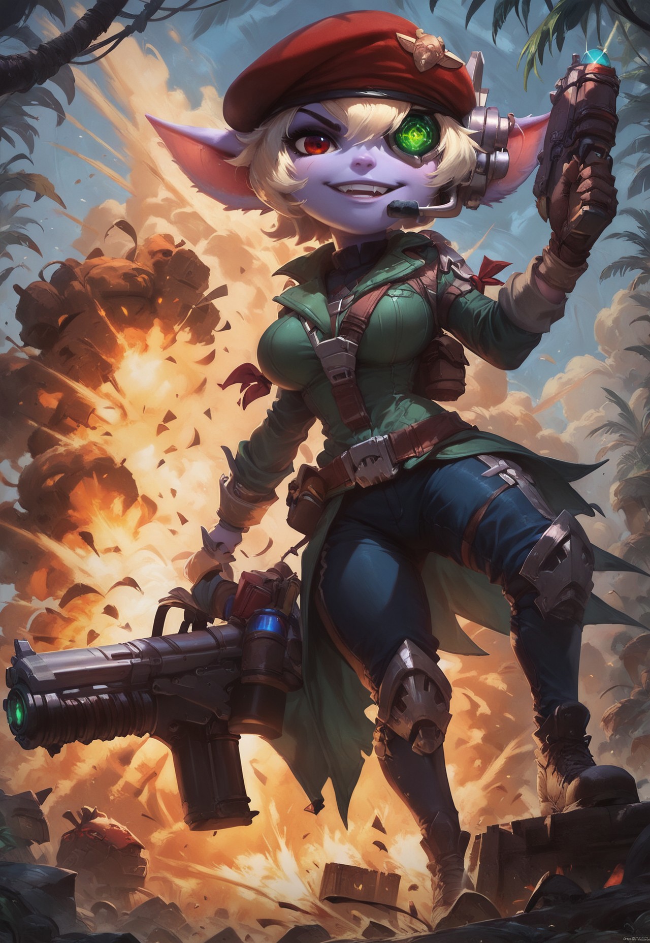 safe_pos, score_9, score_8_up, score_7_up, ultra quality, 1girl, ostristana, yordle, shortstack, purple skin, pointy ears, red eyes, eyepatch, green visor, headset, long jacket, blue pants, holding weapon, gun, red beret, big breasts, explosion, looking at viewer, jungle