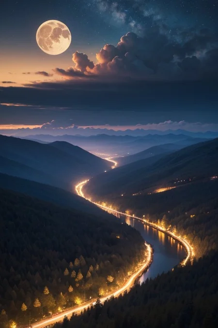 full shot,River,Mountains,forests,half moon, clouds, beautiful sky, night, epic landscape, desolate atmosphere, from above, photorealistic, masterpiece, 64k, UHD, ultra detailed, vivid colors, high quality, sharp focus