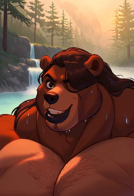 score_7, score_8. score_9, dynamic lighting, detailed background, waterfall background, anthro, furry, bear, amzn_mscles, muscular, headshot, portrait, detailed eyes. detail face
BREAK
Koda, Brother Bear, anthropomorphic bear, Massive Muscles, Massive Deltoids, Massive trapezius, Massive Pecs, extremely hairy, long hair, brown hair, wavy hair, hair covering one eye, wet fur, wet hair, big black lip, giant lip, goatee black lipstick, black eye shadow, hyper muscles, heavy brow, wide jaw, brute face, very long snout, big chin
BREAK
Smirk, smiling at viewer