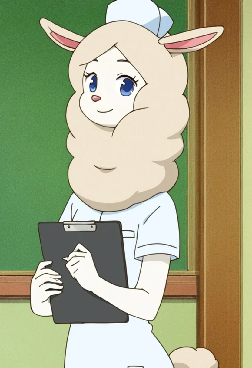 score_7_up, score_8_up, score_9, masterpiece, high quality, source_anime,
Shirakawa, anime style, furry, anthro alpaca, alpaca ears, white body, pale wool, female, solo, 1girl,
blue eyes, pink nose,
nurse outfit, nurse hat,
smiling, holding black clipboard,
standing, upper body